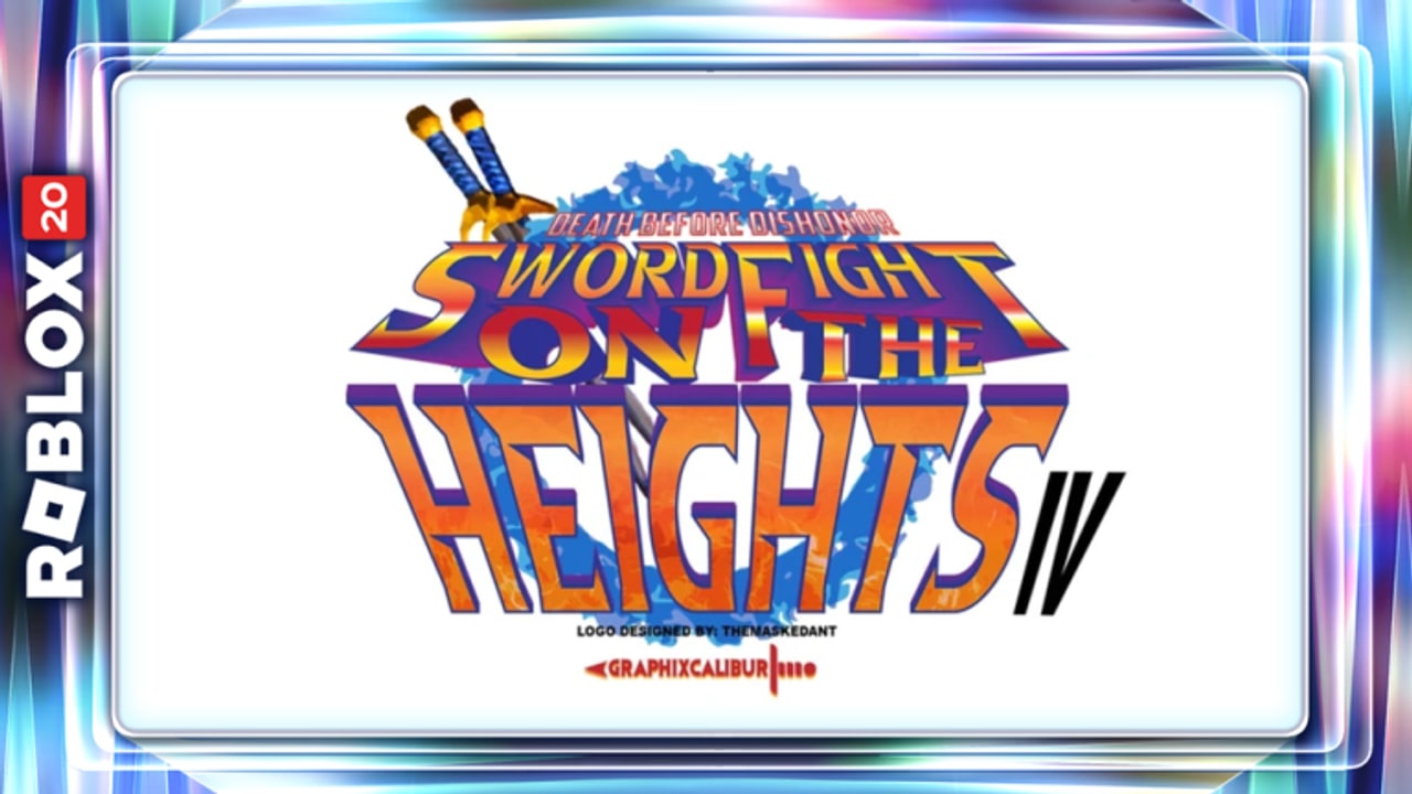 Arena de Sword Fights on the Heights IV en Roblox con plataformas flotantes y duelistas